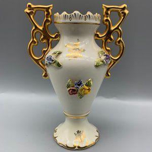 Vintage Elpa Alcobaca Gold Trimmed Floral Bud Vase Made in Portugal 6" High